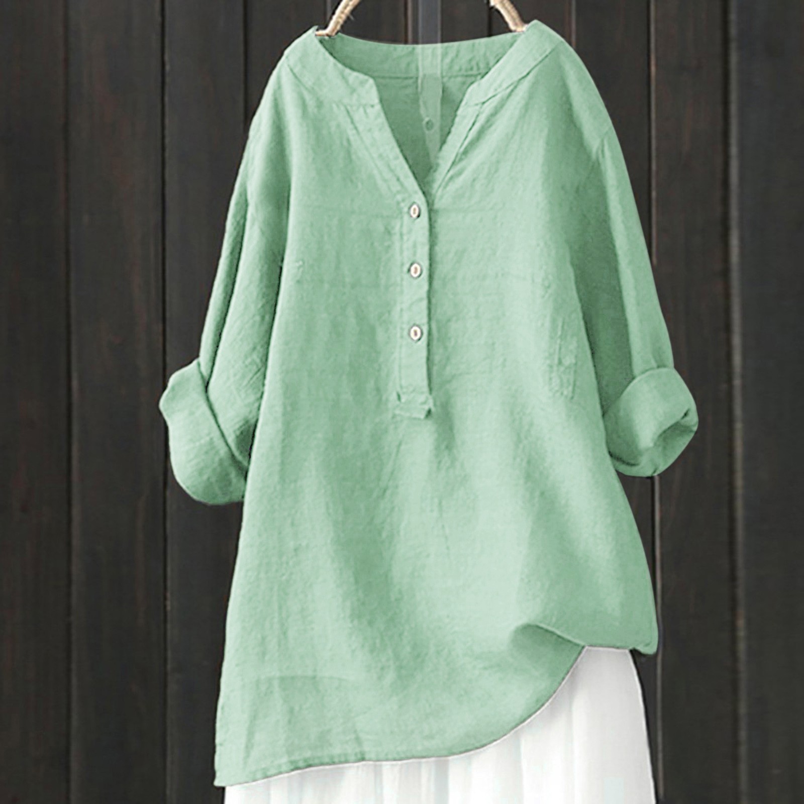 thumbnail image 4 of Vestido camisero largo para mujer tallas grandes - Color liso, corte holgado, manga larga, diseño con botones en la espalda, prenda informal para todas las estaciones, tallas S-XXXXXL, 4 of 5
